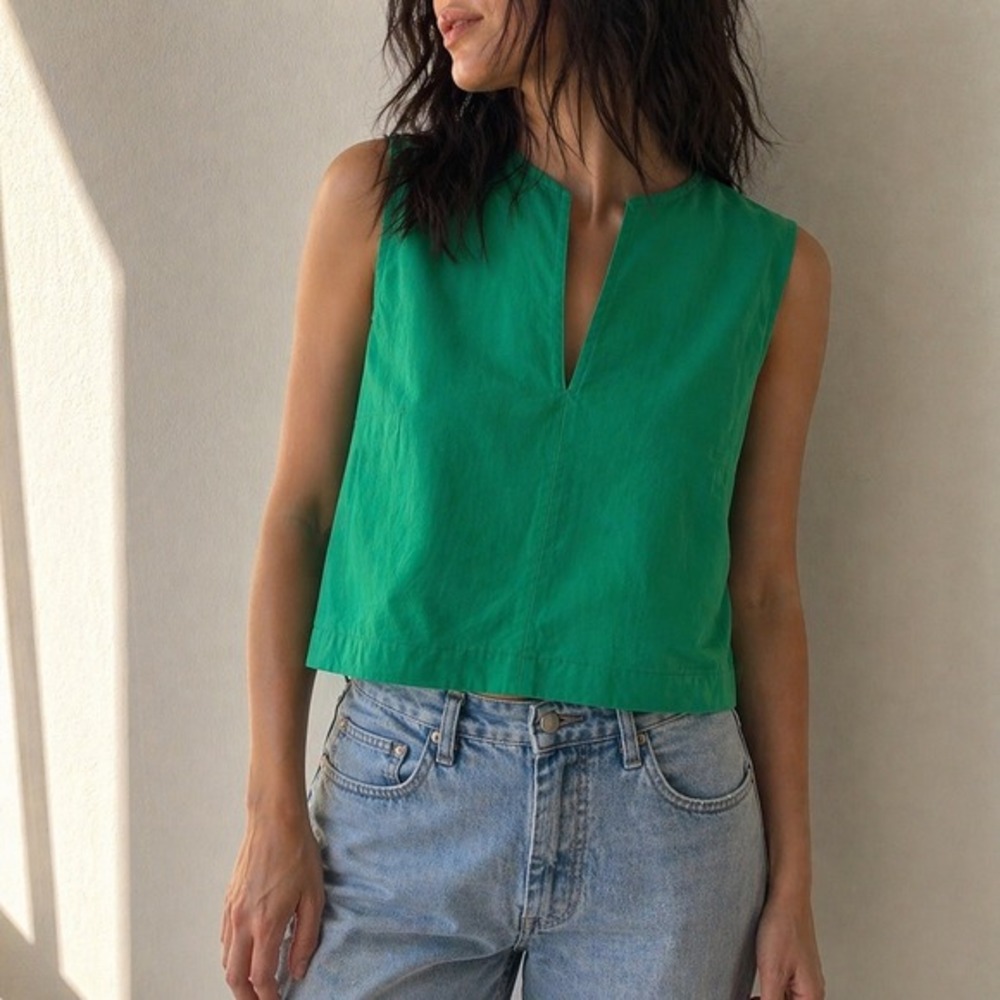 Ann Mashburn Green Split Neck Top XS Coastal‎ Euro Summer Minimalist Chic